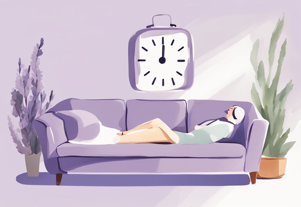 Illustrazione minimalista ad acquerello di una persona che fa un pisolino su un divano con un orologio che mostra il tempo ideale per un riposo pomeridiano, tema colore lavanda.