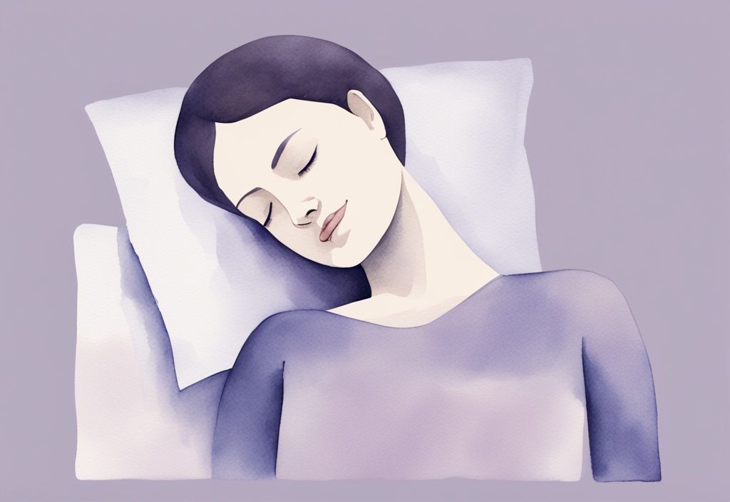 Illustrazione minimalista ad acquerello di una persona con lordosi cervicale che dorme correttamente di lato, usando un cuscino appositamente progettato per il supporto del collo, tema colore lavanda.