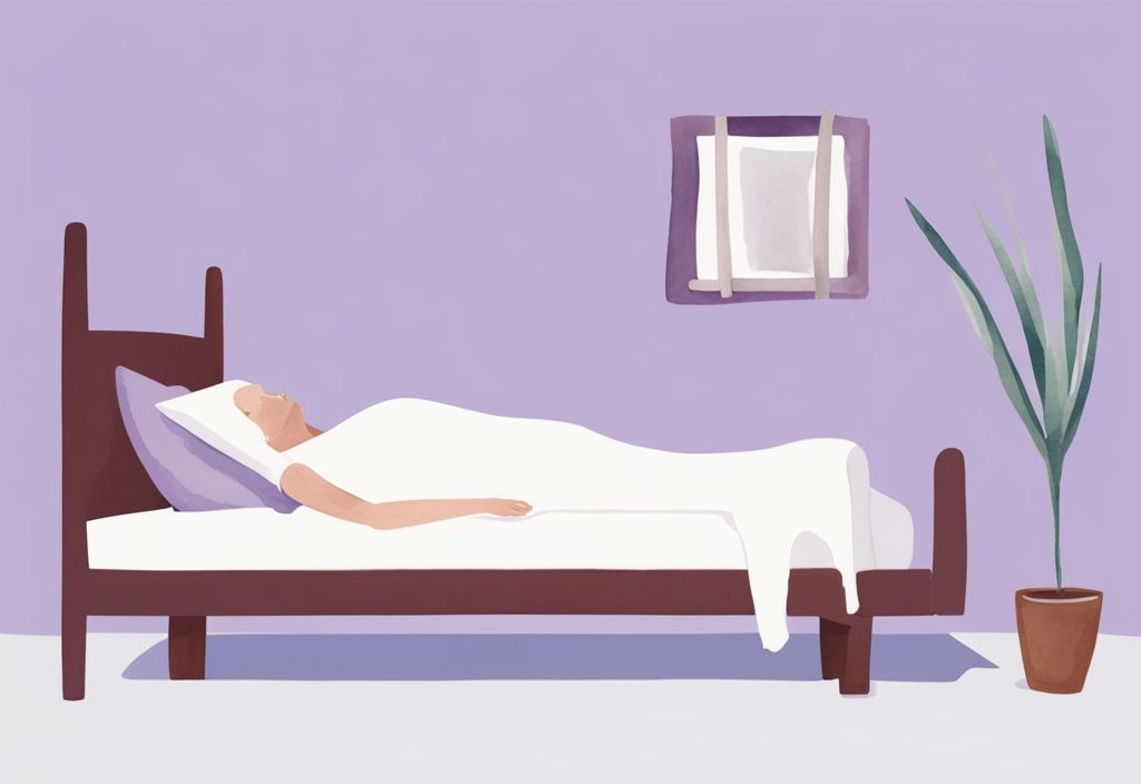 Illustrazione minimalista ad acquerello in tonalità lavanda di una persona che dorme in una posizione consigliata per il sollievo dal dolore sciatico, sciatica come dormire.