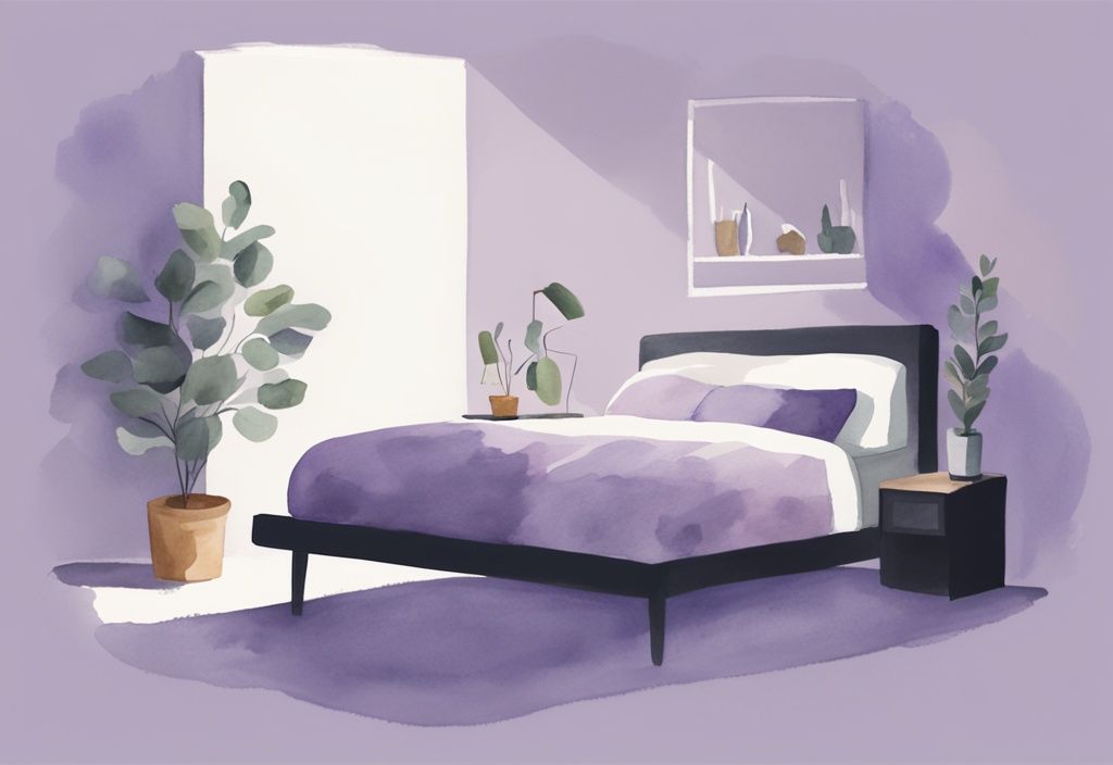 Illustrazione minimalista ad acquerello di una camera da letto serena con una persona che dorme tranquilla in un letto comodo, stanza oscurata, pianta su un comodino, tema colore lavanda.