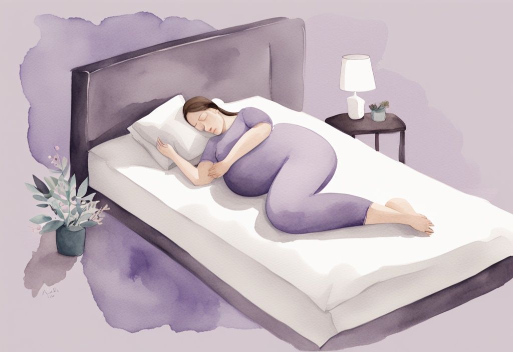 Illustrazione minimalista ad acquerello di una donna incinta che dorme comodamente su un fianco con cuscini per la maternità che supportano schiena e pancia, tema colore lavanda.