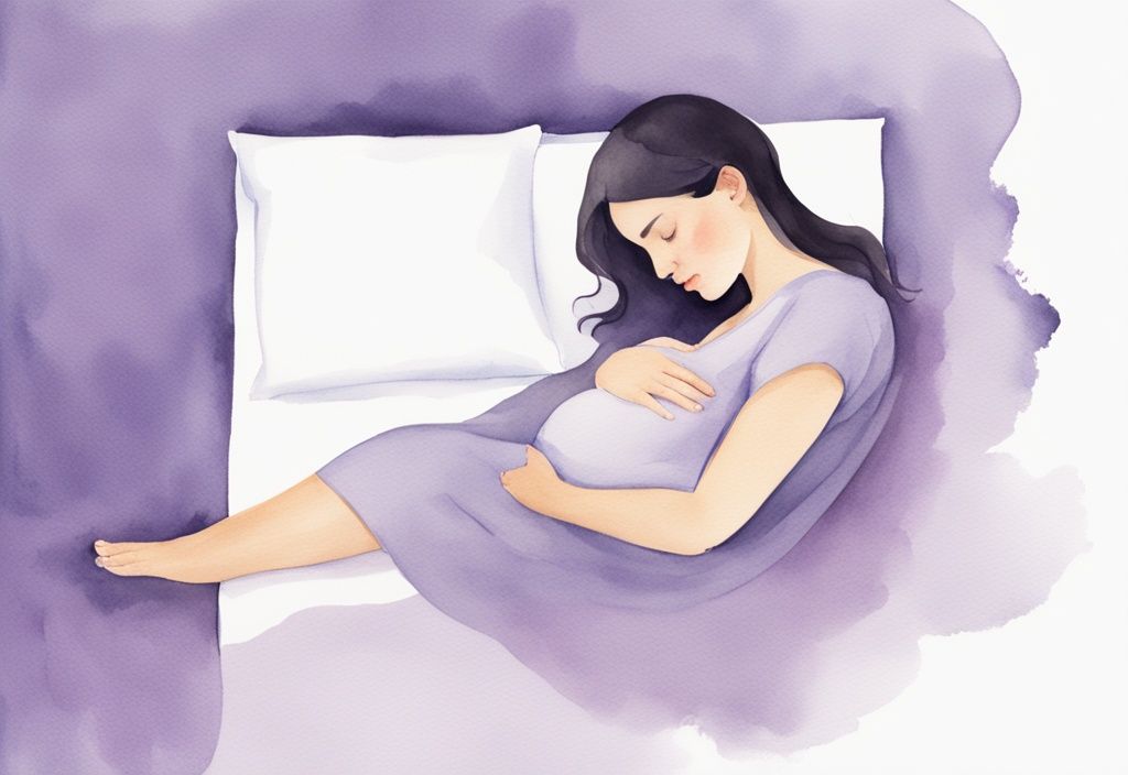 Illustrazione minimalista ad acquerello di una donna incinta che dorme nella posizione laterale sinistra, dimostrando come dormire per far girare bambino podalico.