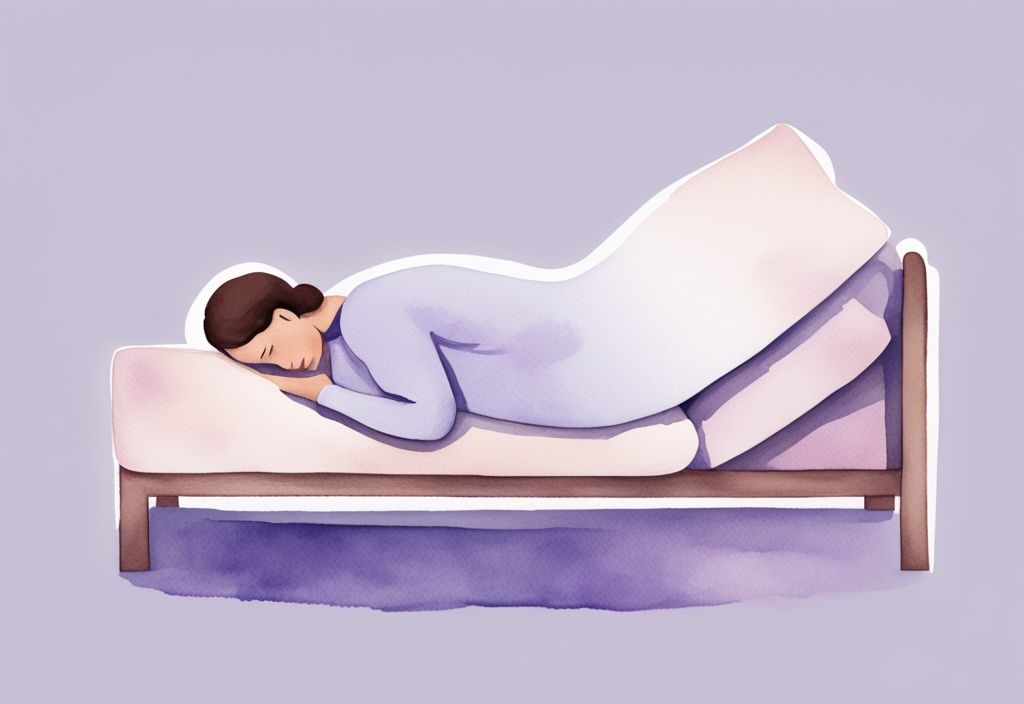 Illustrazione minimalista ad acquerello di una persona che dorme serenamente sul fianco sinistro, postura corretta per evitare il reflusso, con tema di colore lavanda.