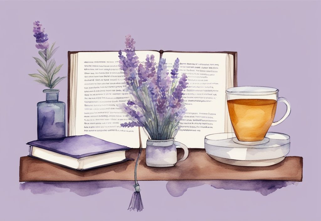 Illustrazione minimalista ad acquerello di un comodino con bottiglia di melatonina, maschera per dormire, tazza di tè alla camomilla e libro, tema colore lavanda.