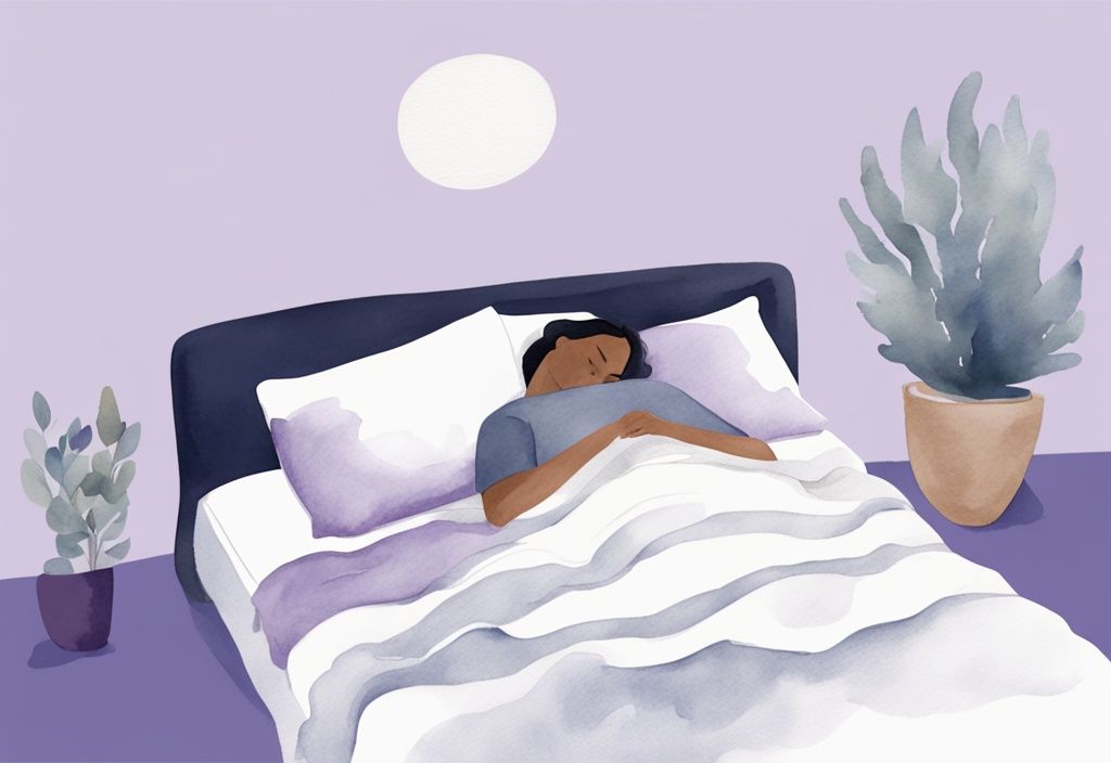 Illustrazione minimalista ad acquerello di una persona che dorme su un letto rialzato con cuscini per alleviare i sintomi del reflusso, tema colore lavanda.