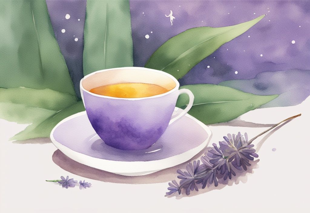 Illustrazione minimalista ad acquerello di colore lavanda che mostra una scena notturna: un contagocce rilascia olio di CBD in una tazza di tè alle erbe, con una persona che dorme pacificamente sullo sfondo.