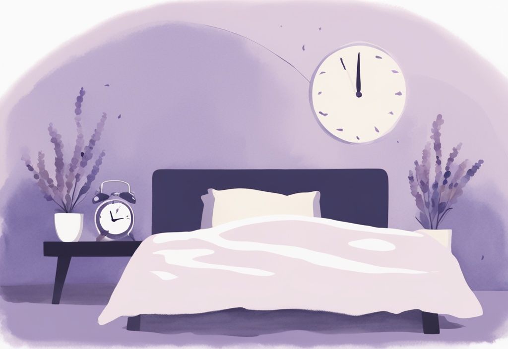 Illustrazione minimalista ad acquerello con tema color lavanda, che mostra una sveglia digitale con ore diverse e una figura pacifica che dorme su un letto, rappresentando quante ore dormire.