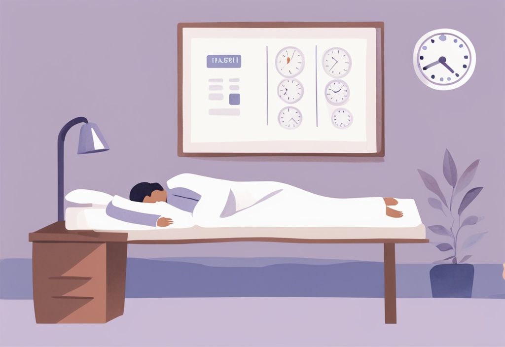 Illustrazione minimalista ad acquerello che mostra una persona che dorme comodamente mentre un professionista medico tiene traccia del tempo su un orologio, illustrando il periodo di attesa dopo un trauma cranico, con tema colore lavanda.