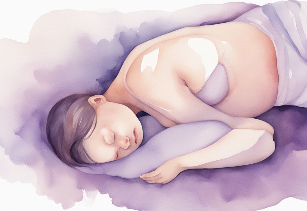 Illustrazione minimalista ad acquerello di una donna incinta sdraiata su un fianco con vista trasparente del grembo che mostra il bambino e la placenta, tema colore lavanda.