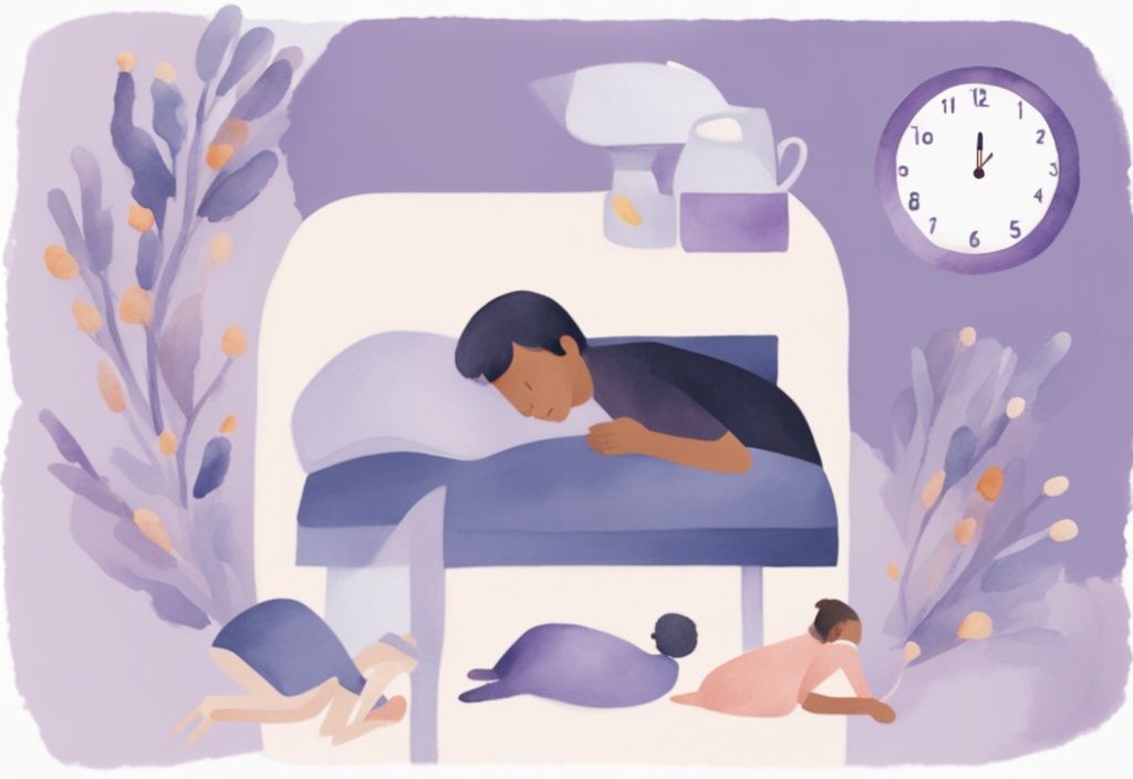 Illustrazione minimalista ad acquerello con tema lavanda, orologio digitale che mostra diverse durate del sonno accanto a un gruppo di persone in varie posizioni di sonno, rappresentando le diverse esigenze di sonno individuali.