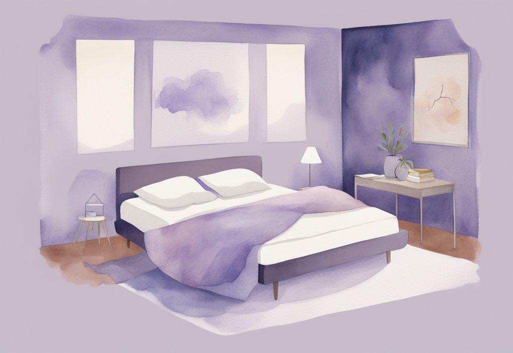 Illustrazione minimalista ad acquerello di una camera da letto serena con persona in posizione di sonno, sovrapposizioni diagrammatiche che illustrano posizioni ottimali per il sollievo dalla sacroileite, tema colore lavanda.