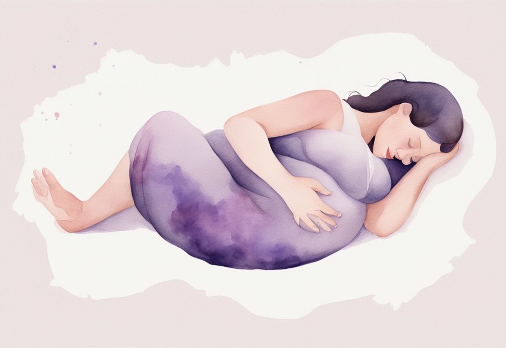 Illustrazione minimalista ad acquerello di una donna incinta che dorme su un fianco con feto trasverso, tema colore lavanda.