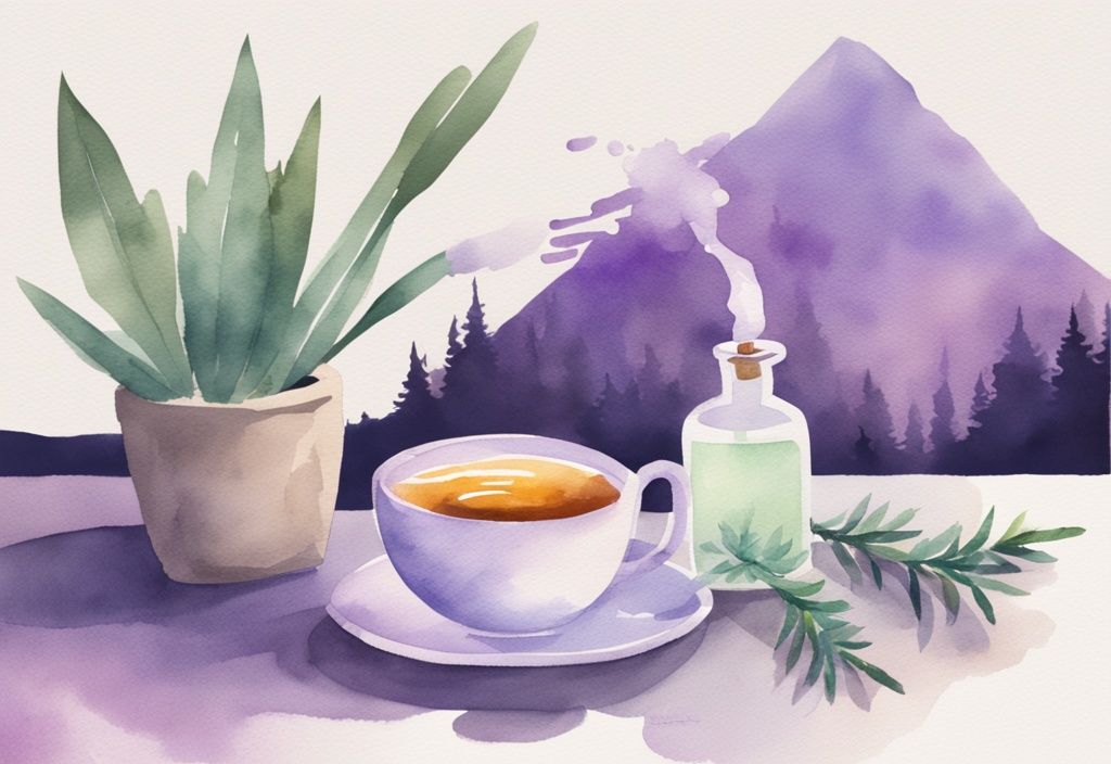 Illustrazione minimalista ad acquerello di notte con tema lavanda, un contagocce rilascia olio di CBD in una tazza di tè alle erbe, con una persona che dorme serenamente sullo sfondo.