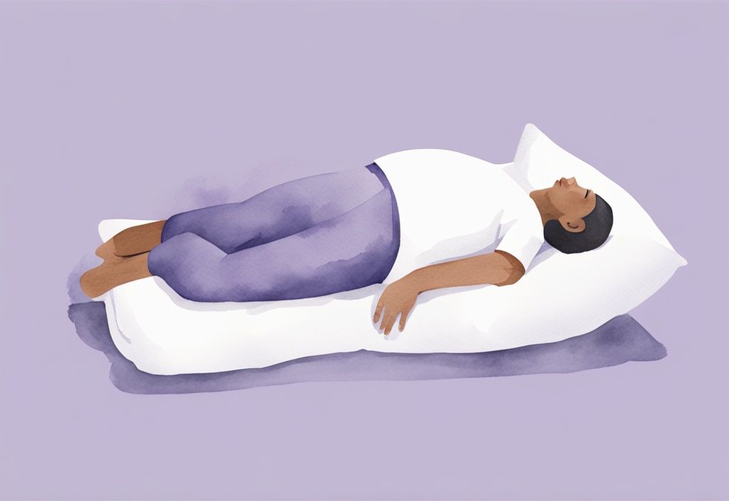 Illustrazione minimalista ad acquerello di una persona che dorme di lato con un cuscino tra le ginocchia per alleviare il mal di schiena, tema colore lavanda.