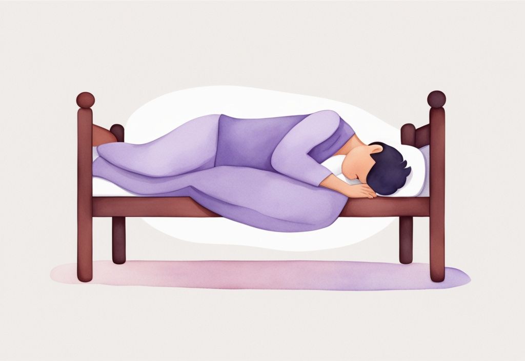 Illustrazione minimalista ad acquerello di una persona che dorme su un letto con cuscini per sollevare la parte superiore del corpo, mostrando come dormire con il reflusso.