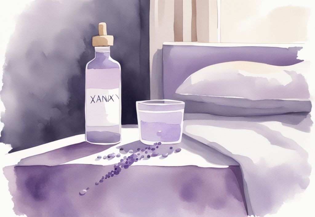 Illustrazione minimalista ad acquerello di una camera da letto serena in colori pastello con una bottiglia di Xanax sul comodino, il contagocce sopra un bicchiere d'acqua e alcune gocce a mezz'aria; quante gocce di xanax per dormire.