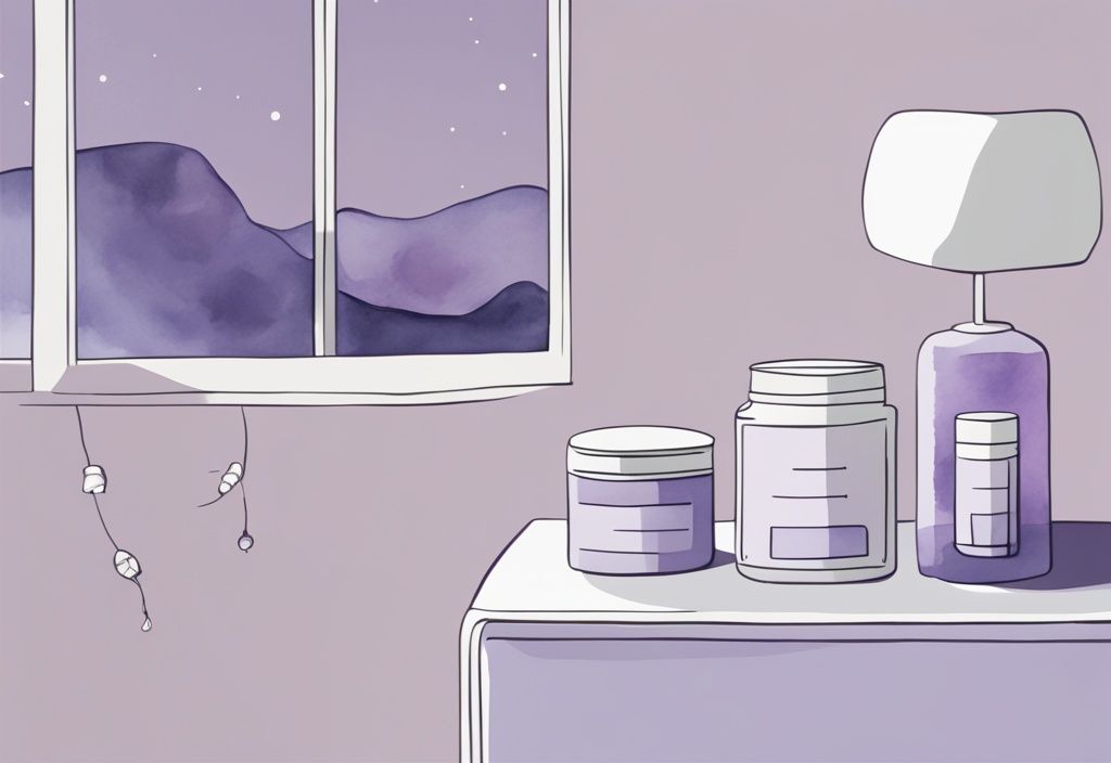 Illustrazione minimalista ad acquerello con tema lavanda che mostra diversi tipi di integratori di magnesio su un comodino, con uno sfondo notturno sereno visibile attraverso una finestra vicina, quale magnesio per dormire.