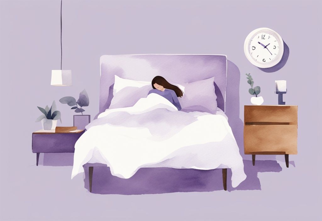 Illustrazione minimalista ad acquerello con tema lavanda che raffigura una persona comodamente avvolta nel letto con una sveglia digitale sul comodino che segna le 2:00, come dormire in 2 minuti.