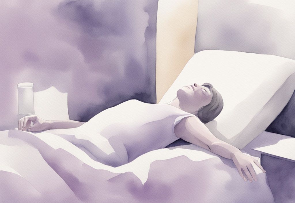 Illustrazione minimalista ad acquerello di una persona che riposa in una posizione di sonno per alleviare la cervicobrachialgia, con collo e spalle supportati da cuscini speciali, tema colore lavanda.