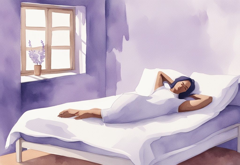 Illustrazione minimalista ad acquerello con tema colore lavanda, persona a letto in posizione consigliata per alleviare il dolore della sciatica, sciatica come dormire.