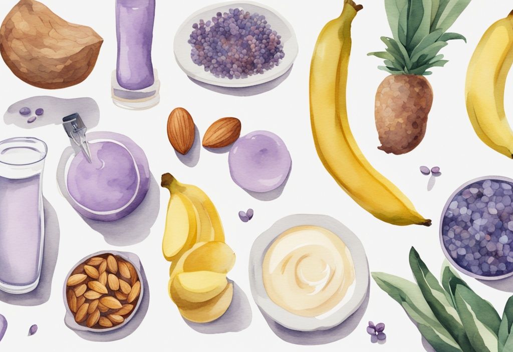 Illustrazione minimalista ad acquerello con tema lavanda che mostra cibi sani come mandorle, banane e yogurt su un bancone da cucina, ideale per cosa mangiare prima di dormire.