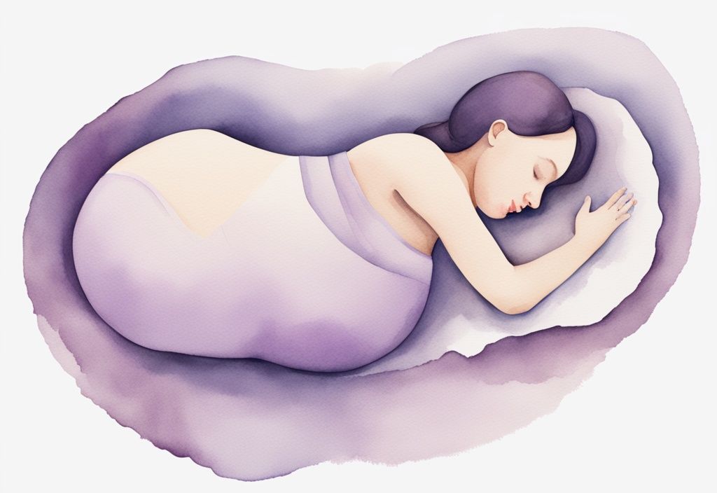 Illustrazione minimalista ad acquerello di una donna incinta che dorme su un fianco con feto in posizione trasversale, tema colore lavanda.