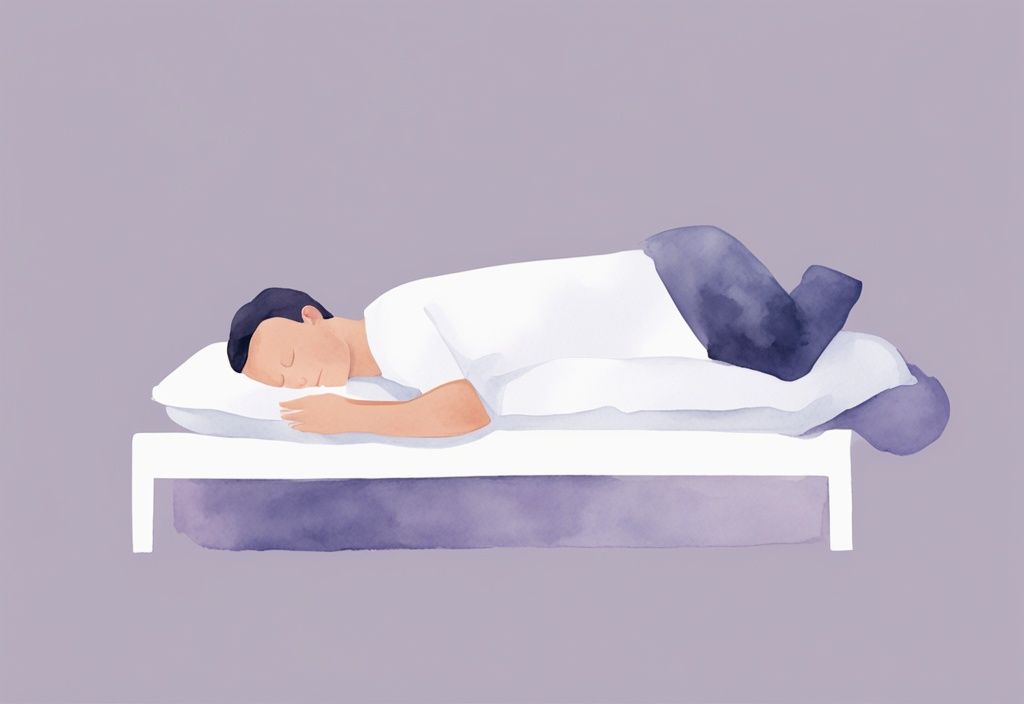 Illustrazione minimalista ad acquerello di un uomo con torcicollo che dorme comodamente in una posizione raccomandata con l'uso di cuscini di supporto, tema colore lavanda.