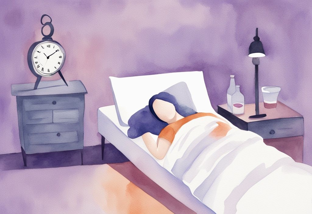 Illustrazione minimalista ad acquerello di una persona a letto con la testa bendata che guarda ansiosamente un orologio, rappresentando il tema "dopo quante ore si può dormire dopo una botta alla testa" con colori lavanda.