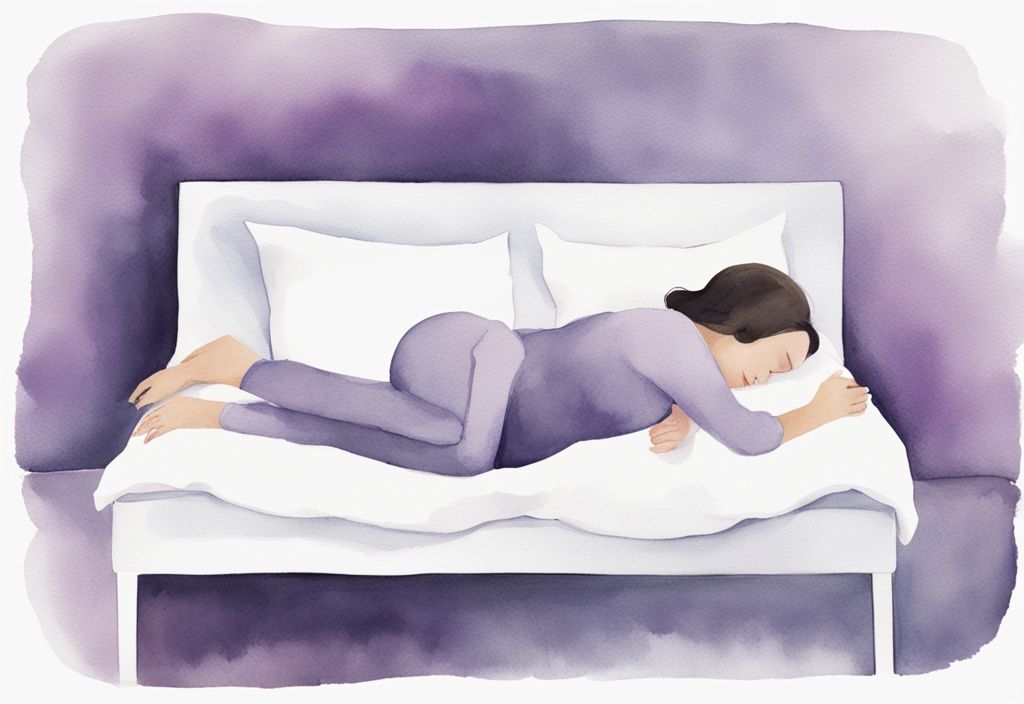 Illustrazione minimalista ad acquerello in tema lavanda di una persona a letto che utilizza cuscini specifici per alleviare il dolore del nervo sciatico infiammato.