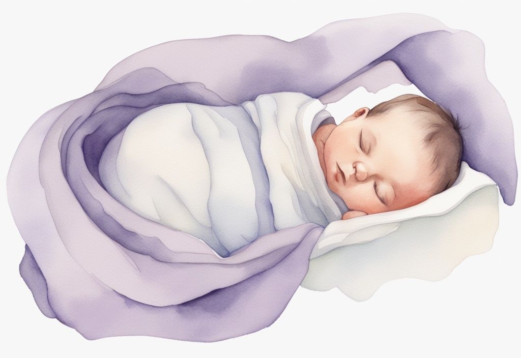 Illustrazione minimalista ad acquerello di un neonato che dorme pacificamente sulla schiena in una culla, con una coperta tirata fino al petto, come deve dormire un neonato.