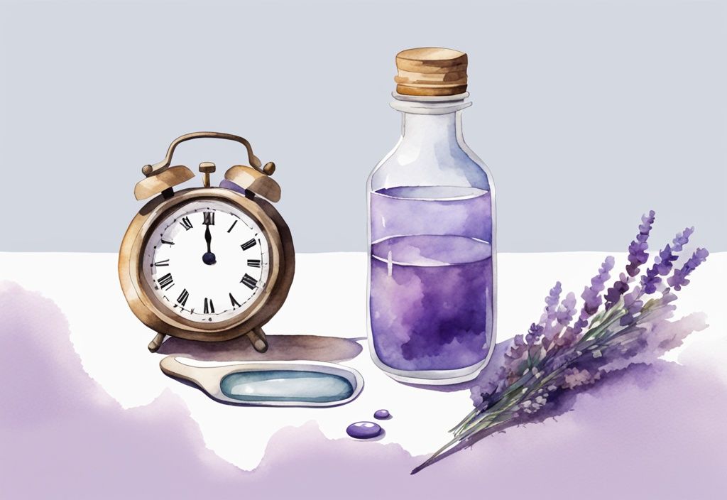 Illustrazione minimalista ad acquerello con tema lavanda, bottiglia di Rivotril con contagocce, bicchiere d'acqua e orologio che indica l'ora di dormire, quante gocce di rivotril per dormire.