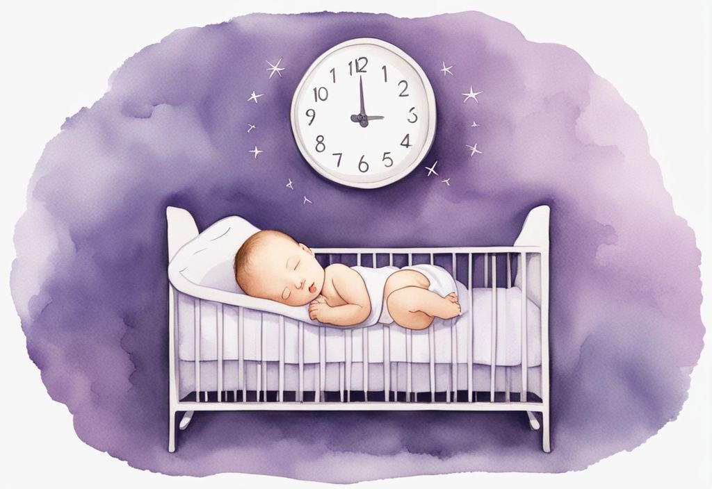 Illustrazione minimalista ad acquerello di un neonato di 2 mesi che dorme in una culla con un orologio che indica diverse ore di sonno, tema colore lavanda.