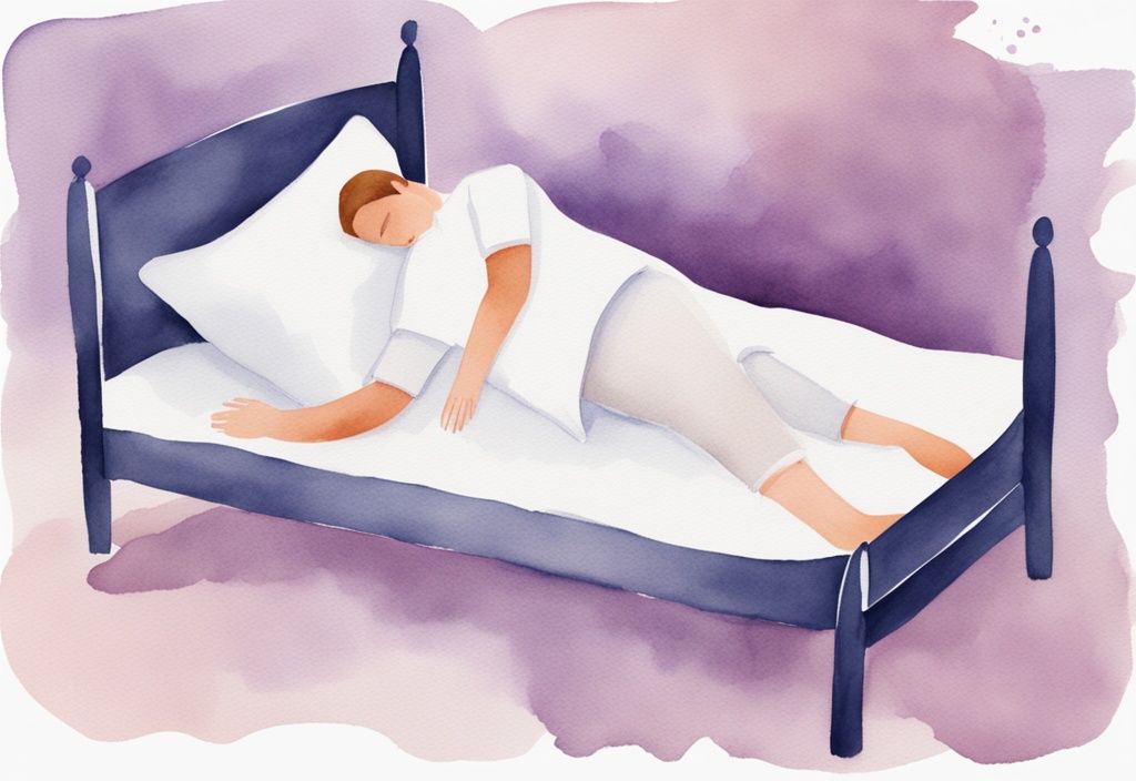 Illustrazione minimalista ad acquerello di una persona che giace a letto con un cuscino tra le ginocchia, posizione ottimale per alleviare il dolore dalla borsite trocanterica.