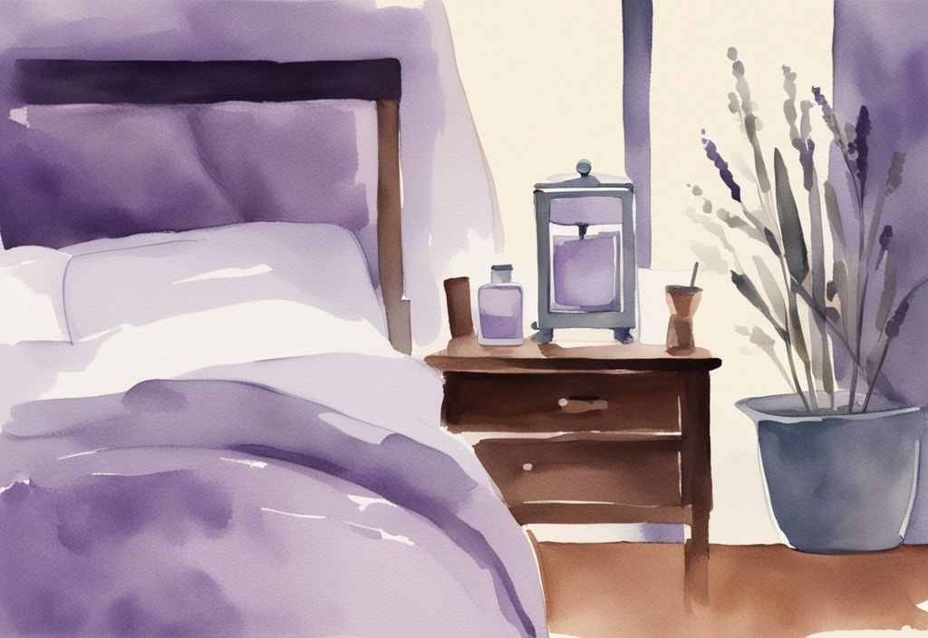 Illustrazione minimalista ad acquerello di una persona a letto con occhi chiusi, ambiente rilassante e illuminazione soffusa, bicchiere di latte caldo sul comodino accanto a una sveglia che segna tarda notte, tema colore lavanda.