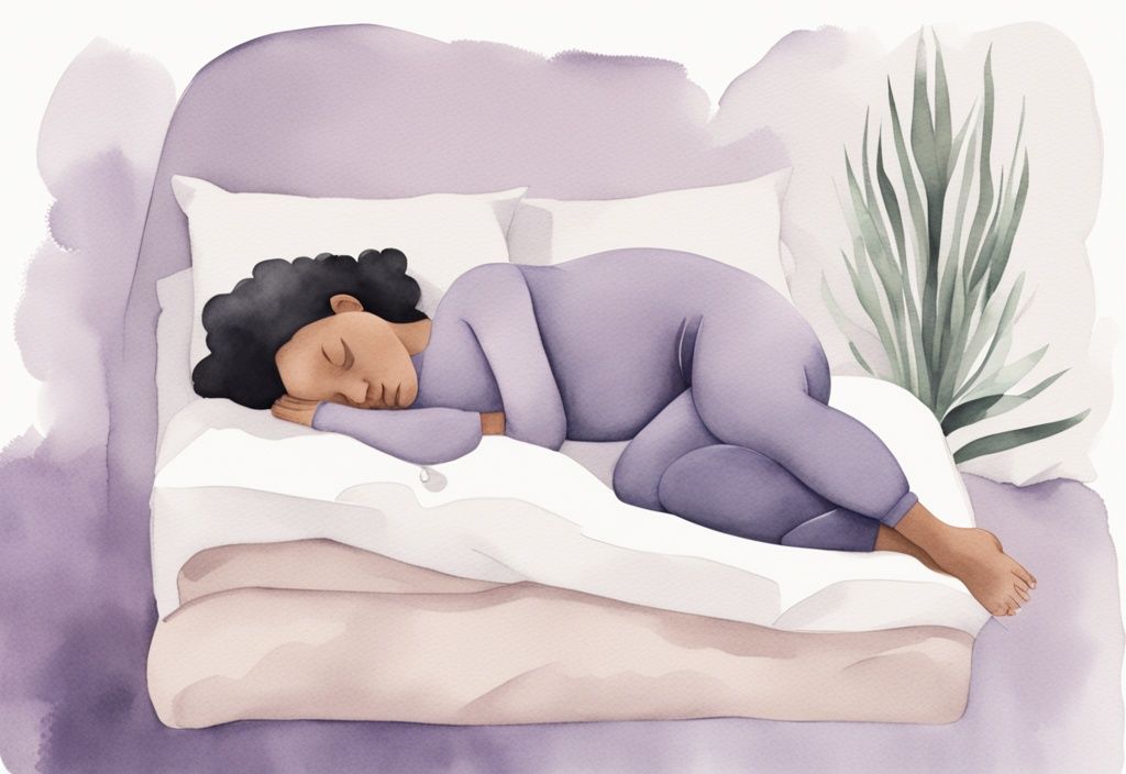 Illustrazione minimalista ad acquerello di una donna incinta che dorme comodamente su un fianco con cuscini di supporto intorno a pancia e gambe, tema principale lavanda, come dormire in gravidanza.