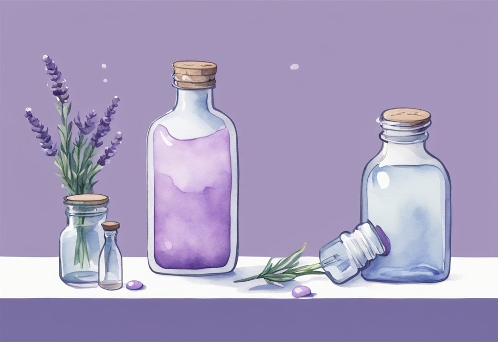 Illustrazione minimalista ad acquerello con tema lavanda, set di flaconi contagocce con Xanax, bicchiere d'acqua e mano che tiene una goccia sopra, suggerendo il tema del dosaggio.