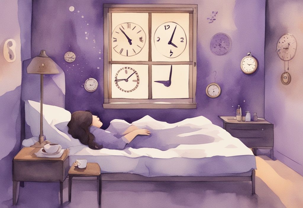 Illustrazione minimalista ad acquerello in tonalità lavanda di una persona rilassata a letto con occhi chiusi, circondata da simboli del tempo come clessidre e orologi digitali con conto alla rovescia di due minuti.