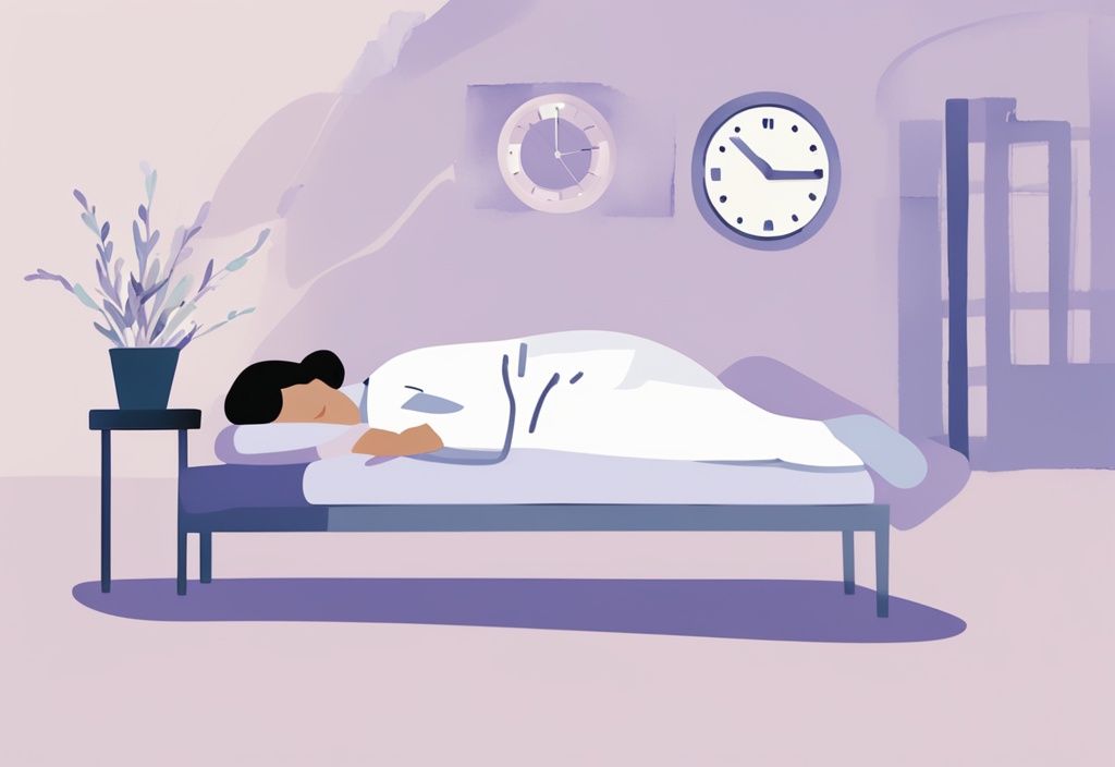 Illustrazione minimalista ad acquerello di persona che dorme con un medico che controlla l'orologio, raffigurante il periodo di attesa dopo un trauma cranico, tema colore lavanda.