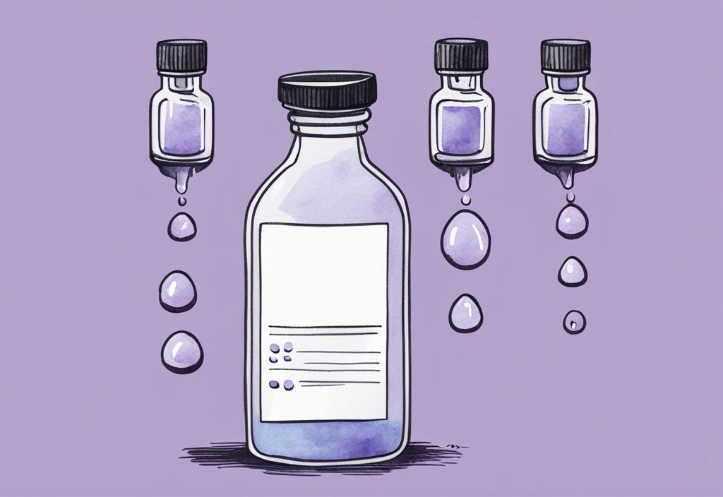 Illustrazione minimalista ad acquerello con tema lavanda che mostra flaconi contagocce di Xanax, un bicchiere d'acqua e una mano che tiene una goccia, suggerendo il dosaggio.