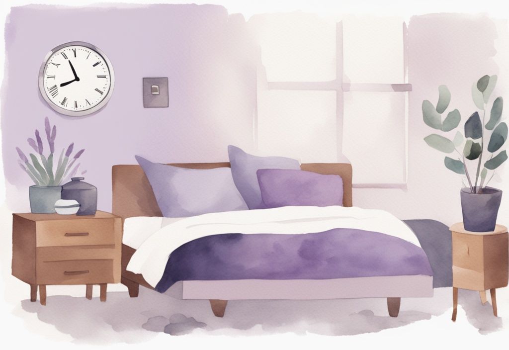 Illustrazione minimalista ad acquerello di una camera da letto tranquilla al pomeriggio con un timer su un orologio digitale, ideale per capire quanto dormire il pomeriggio.