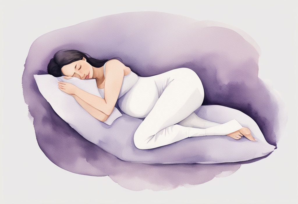 Illustrazione minimalista in acquerello di una donna incinta che dorme comodamente su un fianco con cuscini per maternità che sostengono schiena e pancia, tema colore lavanda.