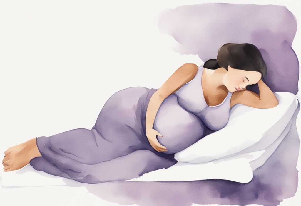 Illustrazione minimalista ad acquerello di una donna incinta che dorme comodamente su un letto, con il pancione appoggiato perfettamente su un cuscino da allattamento, come usare cuscino allattamento per dormire.