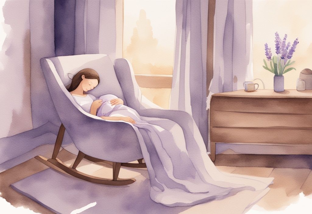 Illustrazione minimalista ad acquerello di una madre che culla il suo neonato addormentato in una stanza calda e accogliente, con tema colore lavanda.