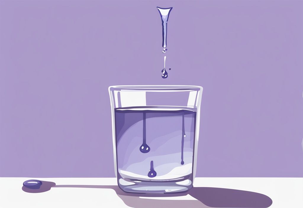 Illustrazione minimalista ad acquerello con tema lavanda, conta gocce di Trittico sopra un bicchiere d'acqua per indicare il dosaggio richiesto per dormire, trittico quante gocce per dormire.