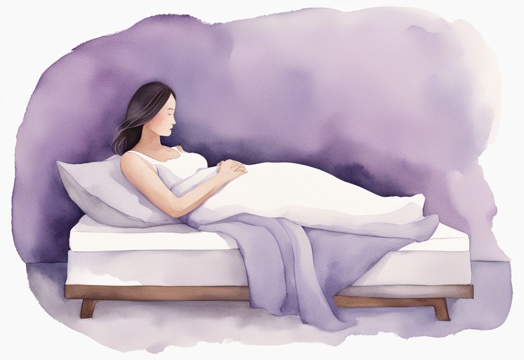 Illustrazione minimalista ad acquerello di una futura mamma che riposa su un fianco, supportata da cuscini, con tema colore lavanda.