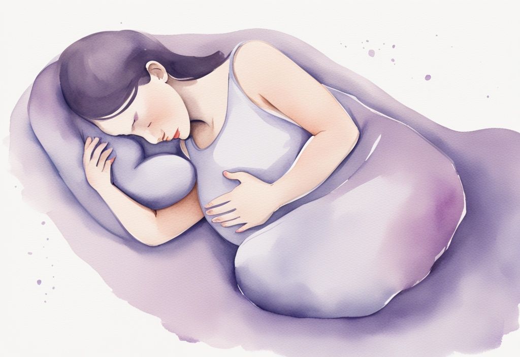 Illustrazione minimalista ad acquerello di una futura mamma sdraiata su un fianco con un cuscino di supporto sotto la pancia, evidenziando la migliore posizione per dormire con placenta anteriore, tema colore lavanda.