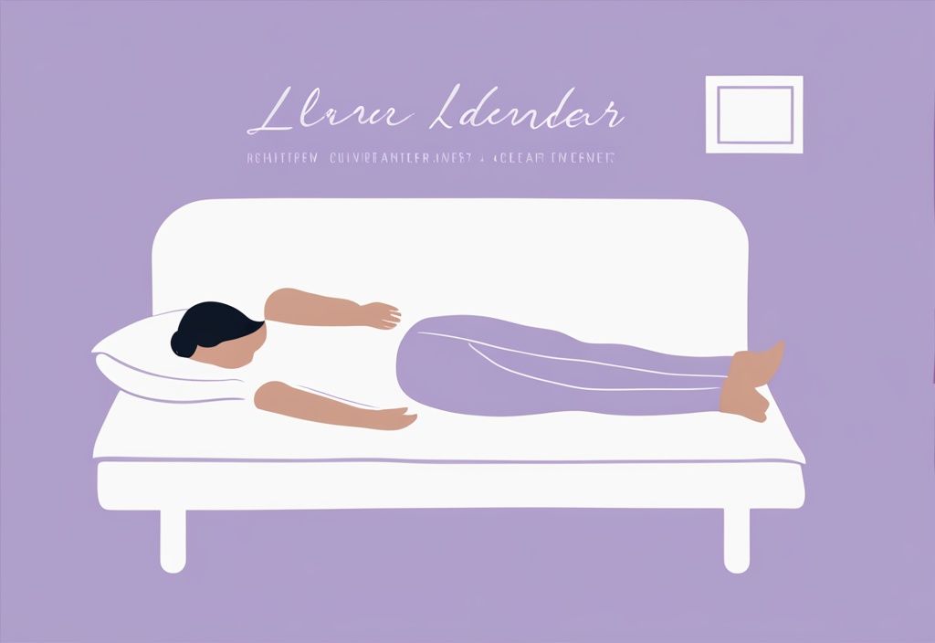 Illustrazione minimalista ad acquerello in tema lavanda di una persona che dorme con il braccio sollevato su un cuscino e indicazioni della posizione del nervo ulnare.