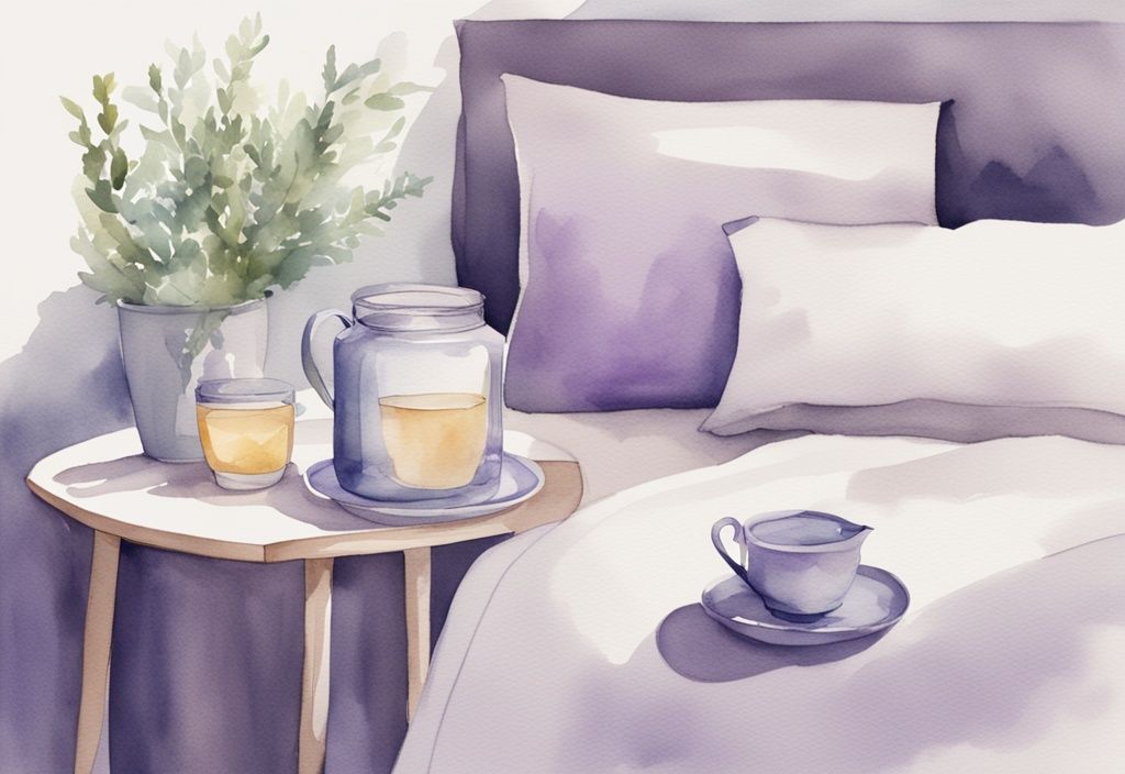 Illustrazione minimalista ad acquerello con tema lavanda che mostra bevande calmanti come tè alle erbe, latte caldo o tè alla menta su un comodino accanto a un letto, illustrando cosa bere per digerire prima di dormire.