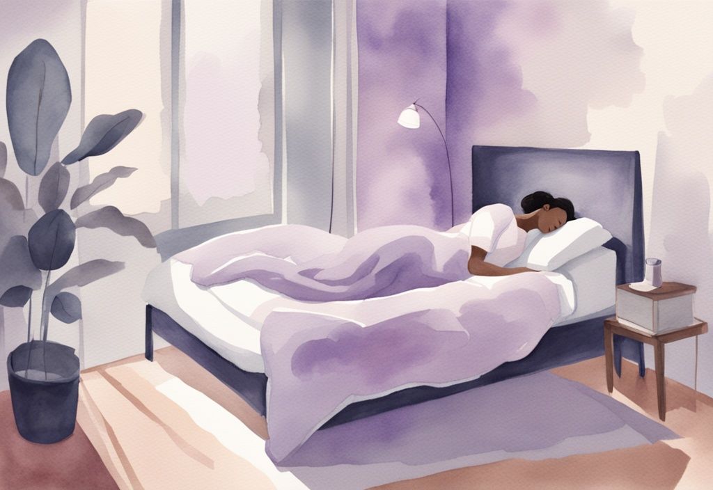 Illustrazione minimalista ad acquerello di una donna che dorme serenamente in una camera da letto tranquilla con luce soffusa e elementi rilassanti, suggerendo misure di comfort per come dormire con la cistite.