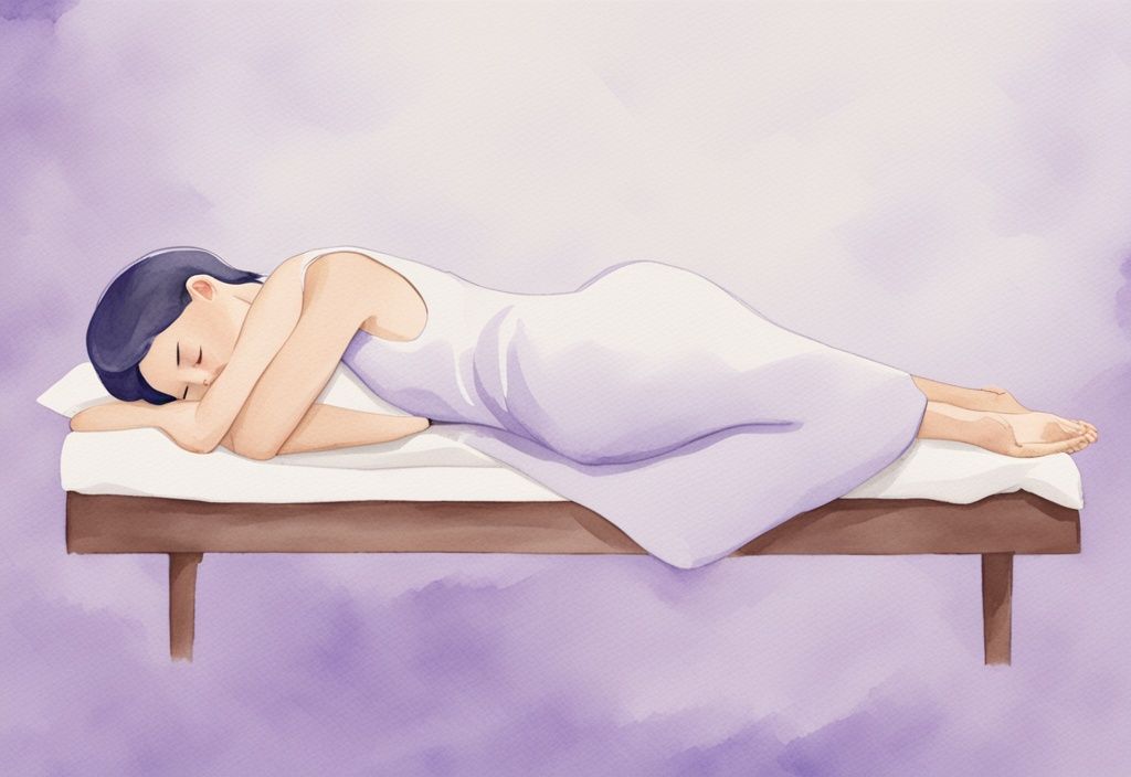 Illustrazione minimalista ad acquerello di una persona con lordosi cervicale che dorme comodamente in posture corrette con cuscini cervicali e asciugamani arrotolati.